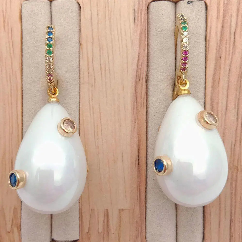 KKGEM  16x25mm White Sea Shell Pearl Mixed color Cubic Zirconia Pave gold color  hoop Earrings Women Wedding Party cute Jewelry