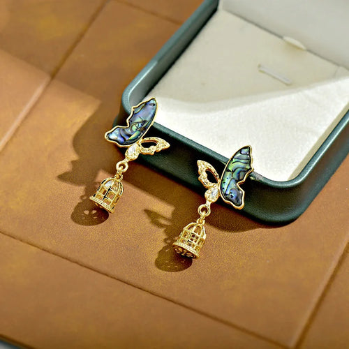 Abalone Shell Butterfly & Birdcage Drop Earrings For Women Gold Plated CZ Accent Dangle Earring Luxury Statement Gift Vintalume