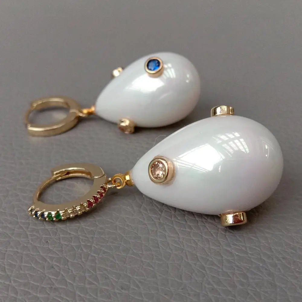 KKGEM  16x25mm White Sea Shell Pearl Mixed color Cubic Zirconia Pave gold color  hoop Earrings Women Wedding Party cute Jewelry