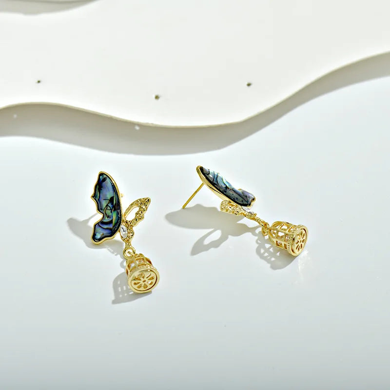 Abalone Shell Butterfly & Birdcage Drop Earrings For Women Gold Plated CZ Accent Dangle Earring Luxury Statement Gift Vintalume