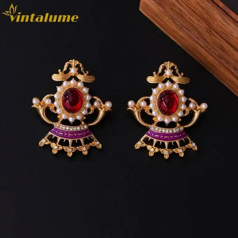 Vintalume Vintage Fashion Jewelry Cubic Zirconia Enamel Pearl Crown Stud Earrings For Women Delicate Chunky Flower Earring Gift