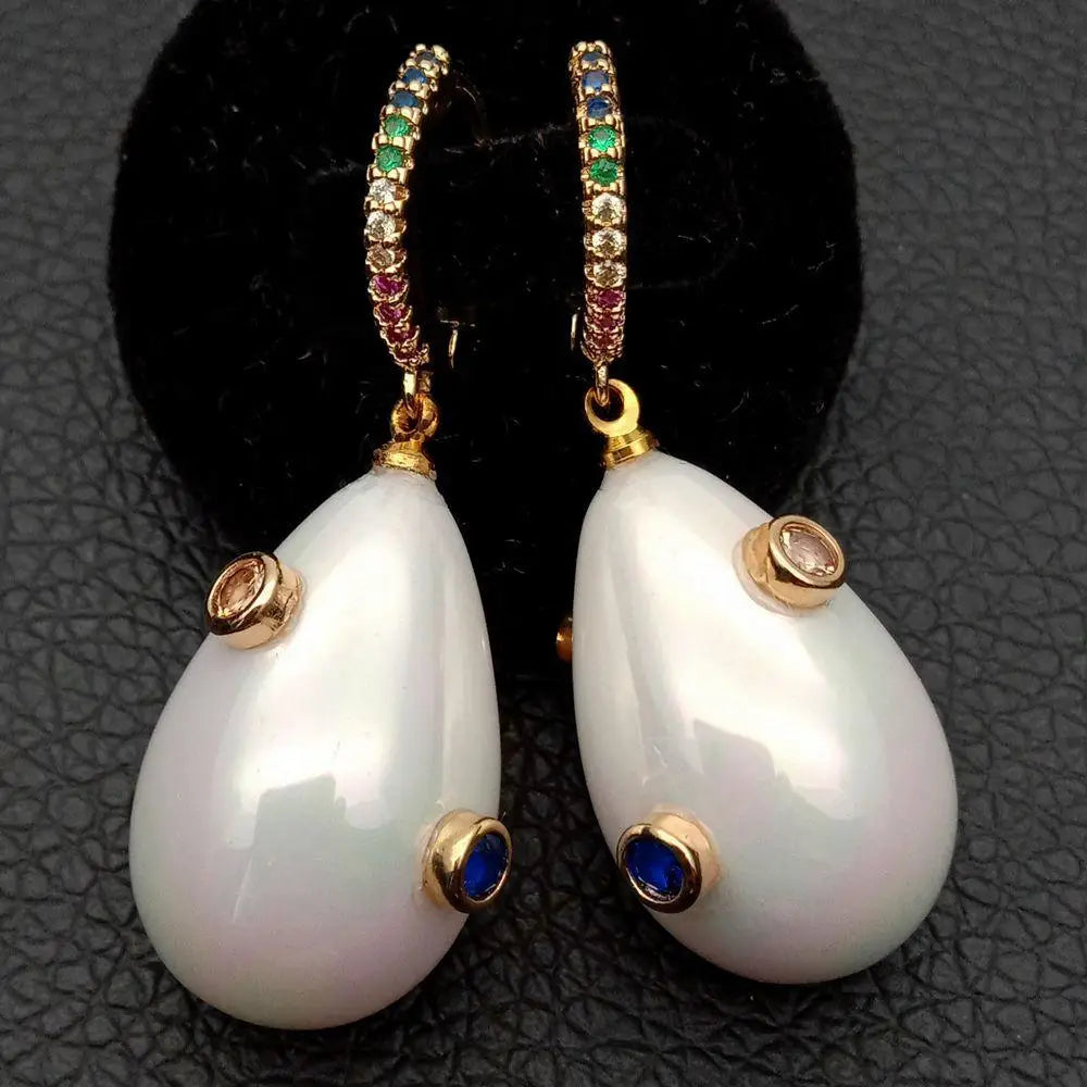 KKGEM  16x25mm White Sea Shell Pearl Mixed color Cubic Zirconia Pave gold color  hoop Earrings Women Wedding Party cute Jewelry