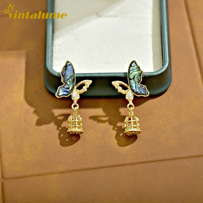Abalone Shell Butterfly & Birdcage Drop Earrings For Women Gold Plated CZ Accent Dangle Earring Luxury Statement Gift Vintalume