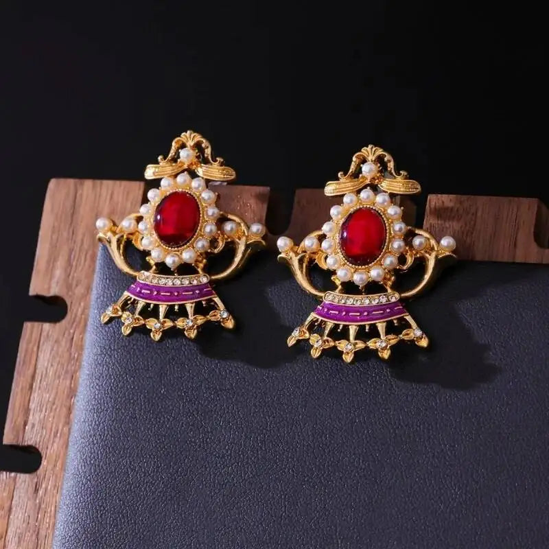 Vintalume Vintage Fashion Jewelry Cubic Zirconia Enamel Pearl Crown Stud Earrings For Women Delicate Chunky Flower Earring Gift