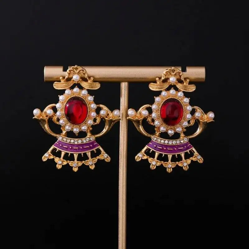Vintalume Vintage Fashion Jewelry Cubic Zirconia Enamel Pearl Crown Stud Earrings For Women Delicate Chunky Flower Earring Gift